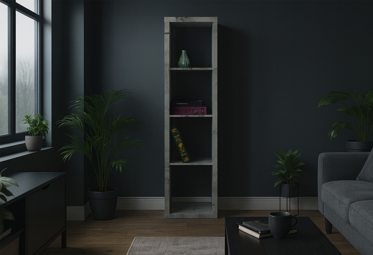 Απεικονίζεται η βιβλιοθήκη σε ένα καθιστικό.